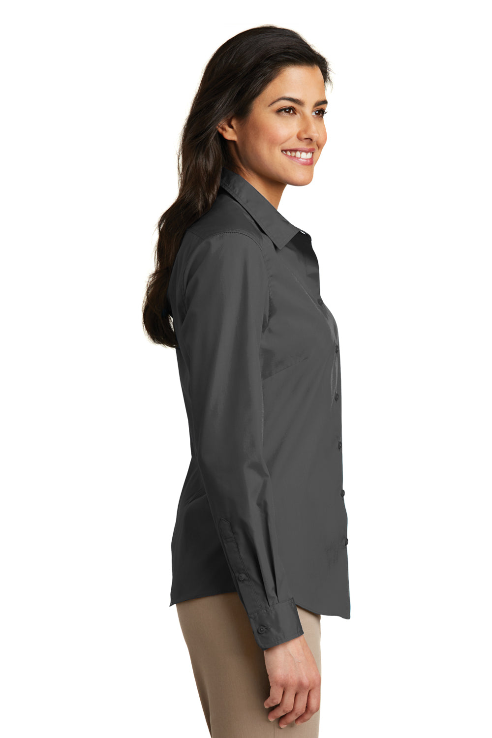 Port Authority LW100 Womens Carefree Stain Resistant Long Sleeve Button Down Shirt Graphite Grey Model Side