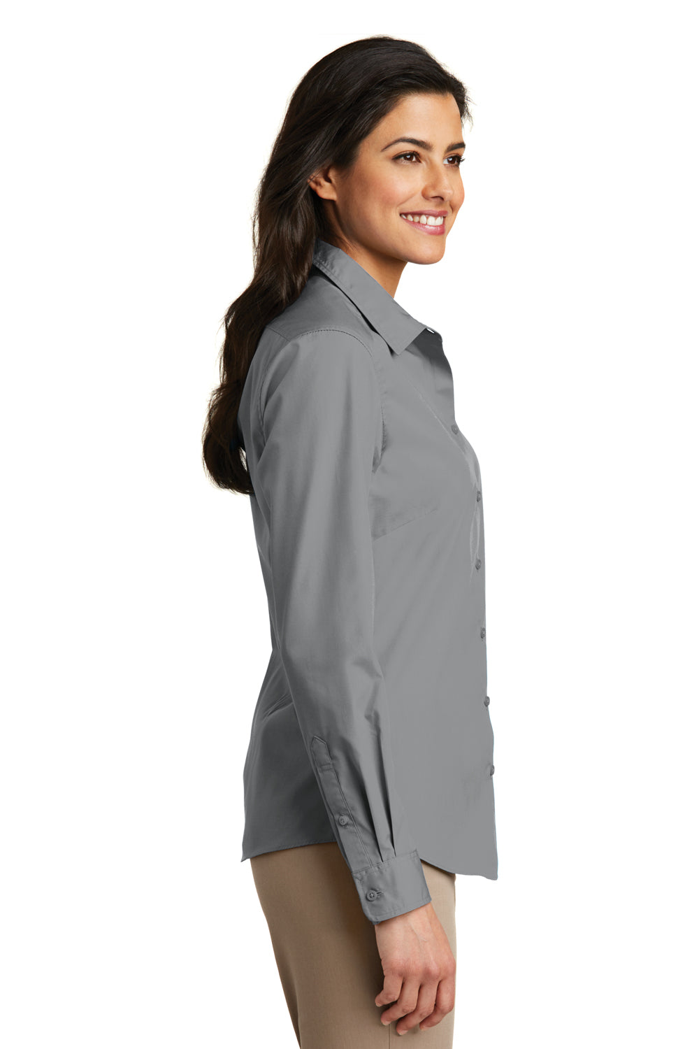 Port Authority LW100 Womens Carefree Stain Resistant Long Sleeve Button Down Shirt Gusty Grey Model Side