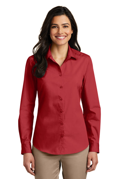 Port Authority LW100 Womens Carefree Stain Resistant Long Sleeve Button Down Shirt Rich Red Model Front