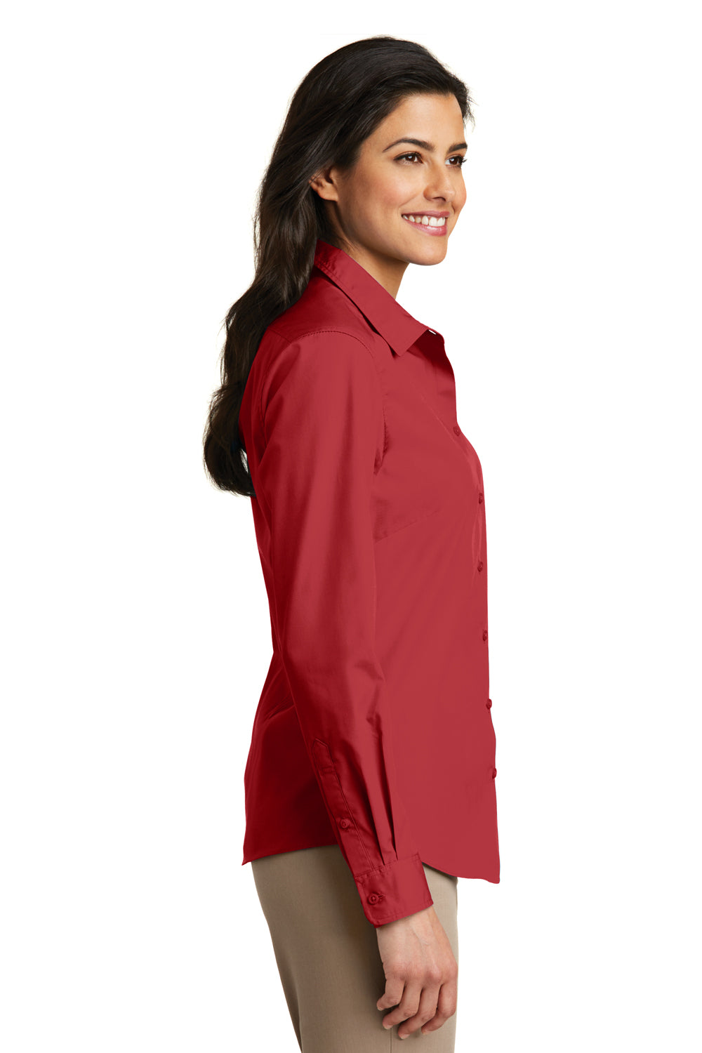 Port Authority LW100 Womens Carefree Stain Resistant Long Sleeve Button Down Shirt Rich Red Model Side