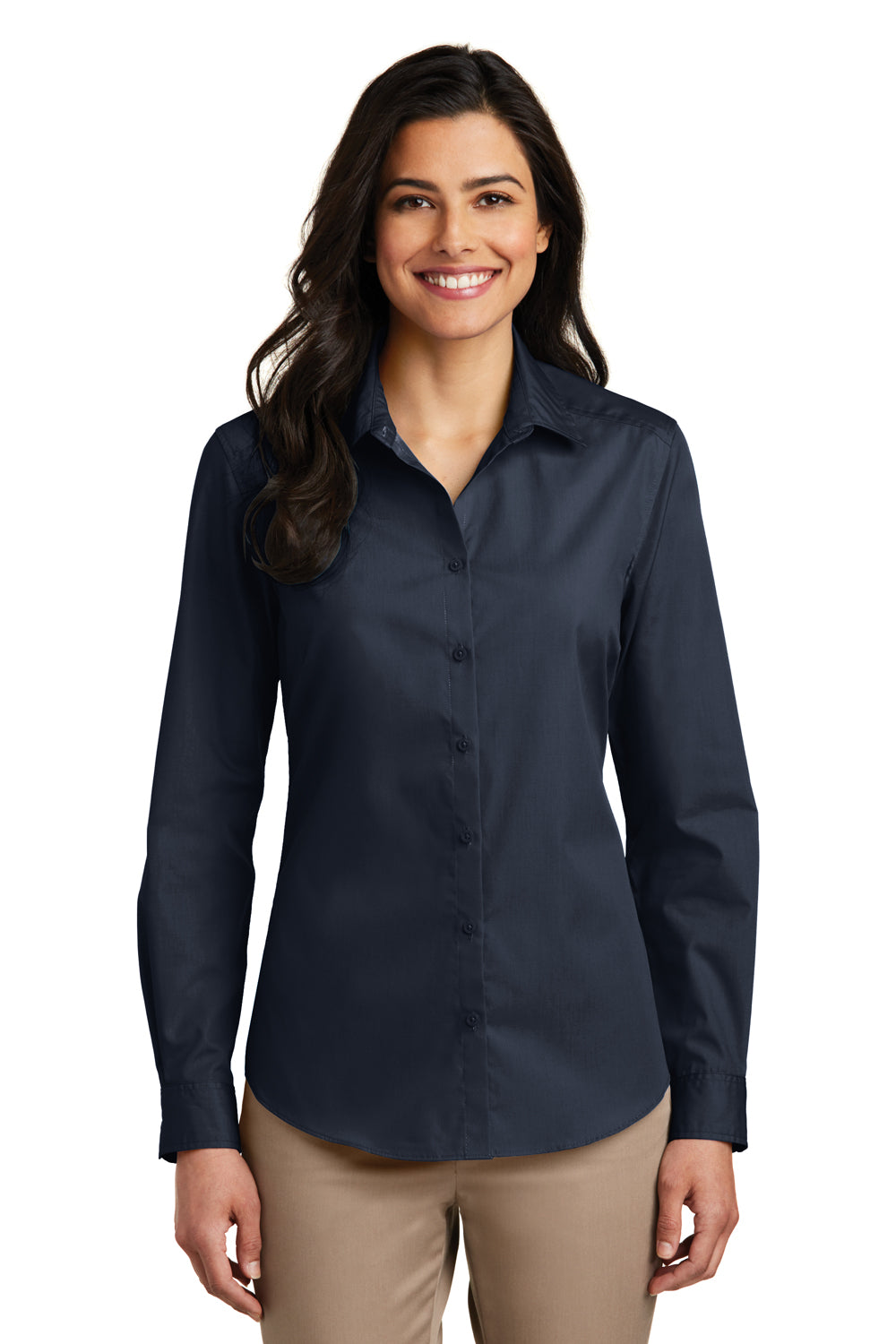 Port Authority LW100 Womens Carefree Stain Resistant Long Sleeve Button Down Shirt River Navy Blue Model Front