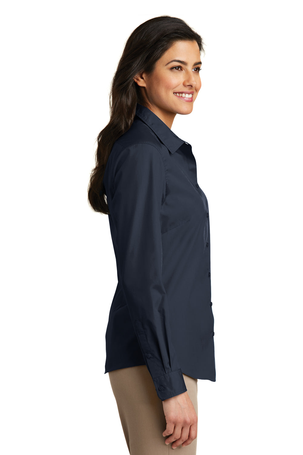 Port Authority LW100 Womens Carefree Stain Resistant Long Sleeve Button Down Shirt River Navy Blue Model Side