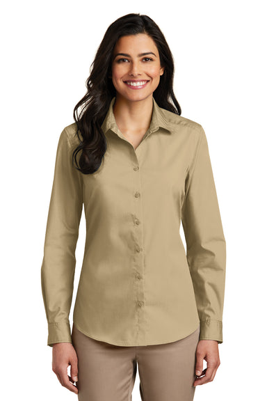 Port Authority LW100 Womens Carefree Stain Resistant Long Sleeve Button Down Shirt Wheat Model Front