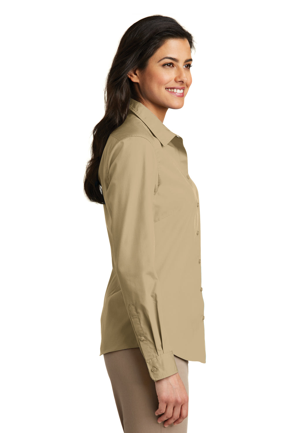 Port Authority LW100 Womens Carefree Stain Resistant Long Sleeve Button Down Shirt Wheat Model Side