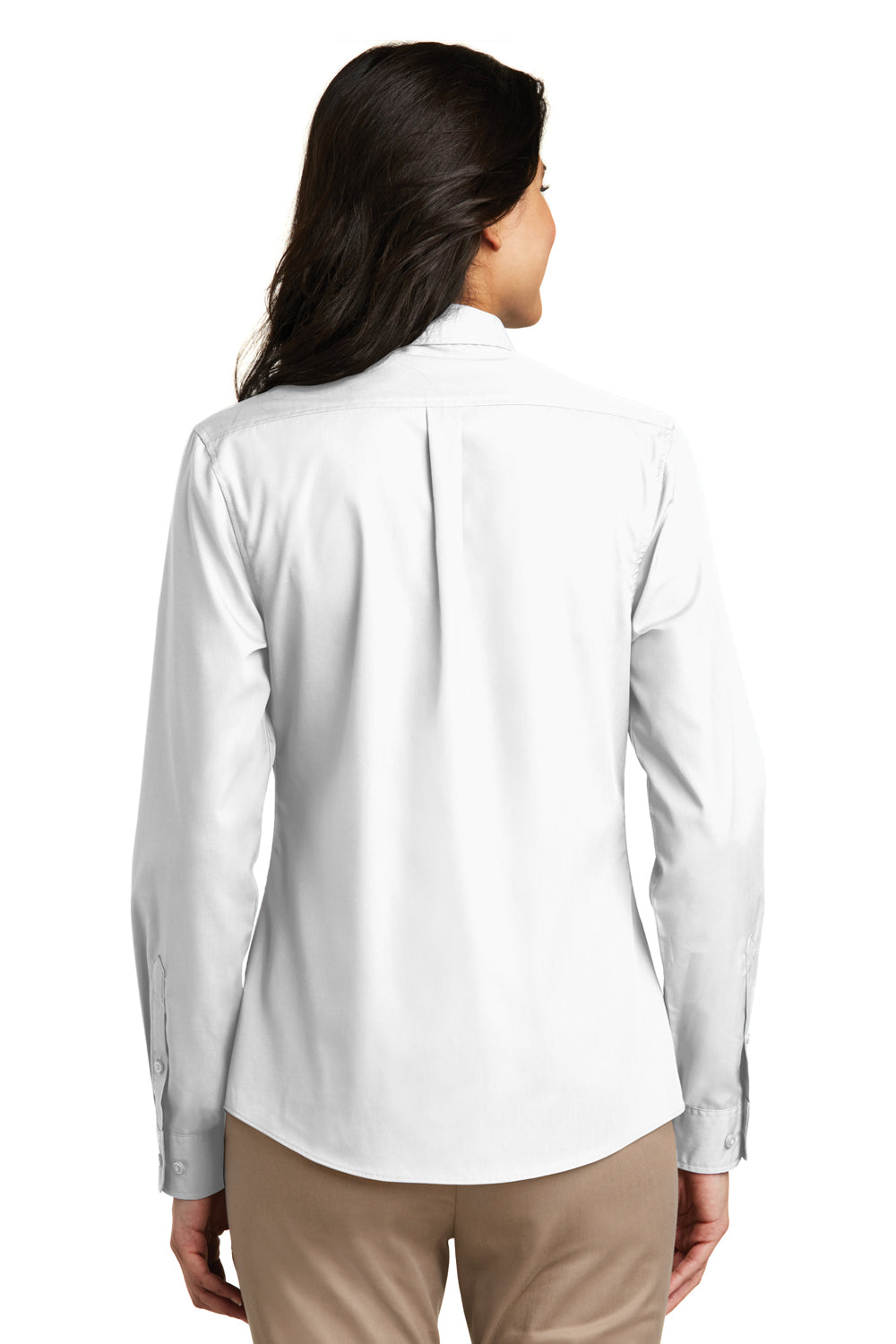 Port Authority LW100 Womens Carefree Stain Resistant Long Sleeve Button Down Shirt White Model Back