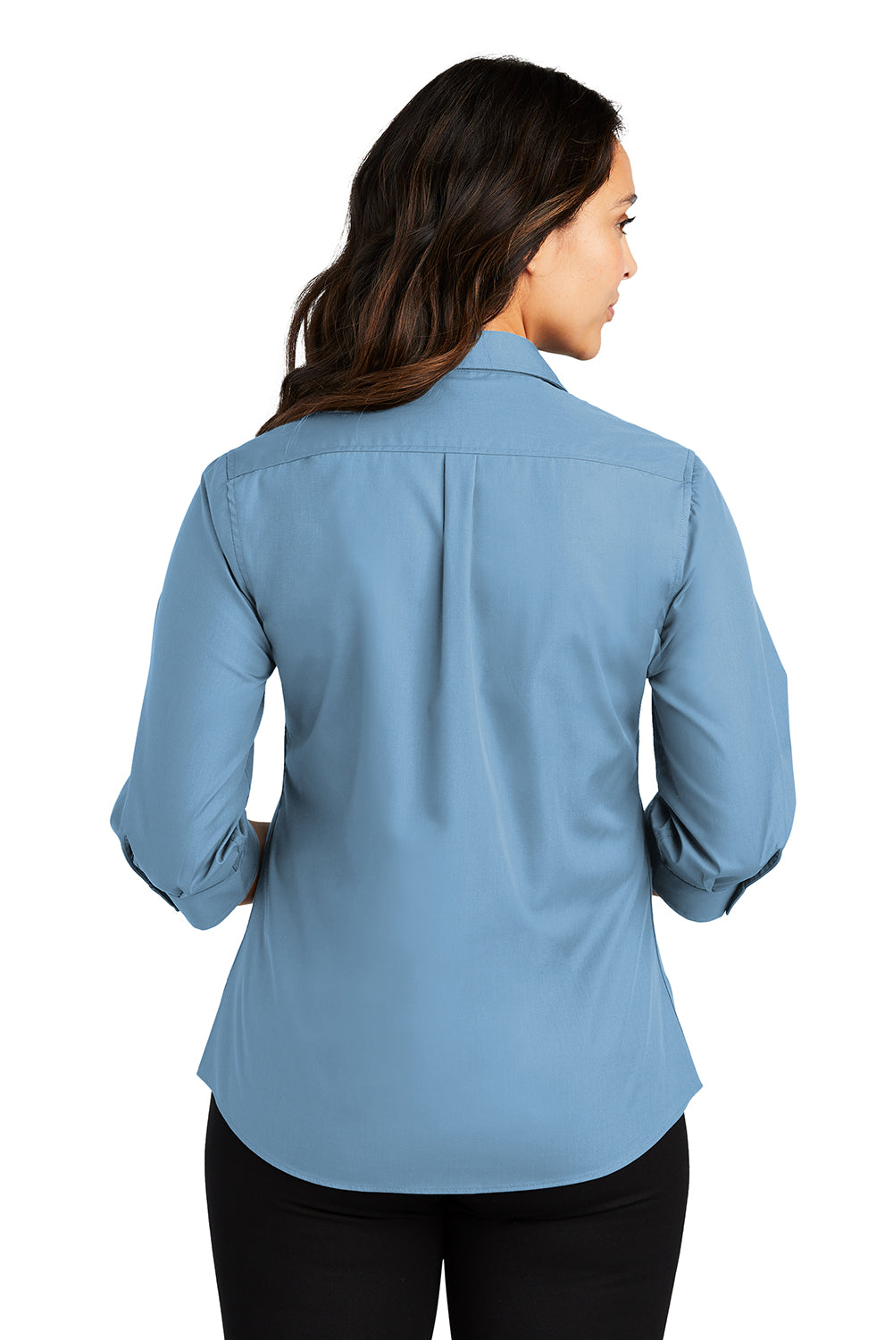 Port Authority LW102 Womens Carefree Stain Resistant 3/4 Sleeve Button Down Shirt Carolina Blue Model Back