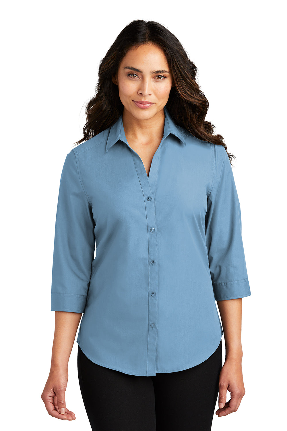 Port Authority LW102 Womens Carefree Stain Resistant 3/4 Sleeve Button Down Shirt Carolina Blue Model Front