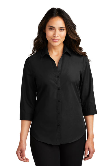 Port Authority LW102 Womens Carefree Stain Resistant 3/4 Sleeve Button Down Shirt Deep Black Model Front