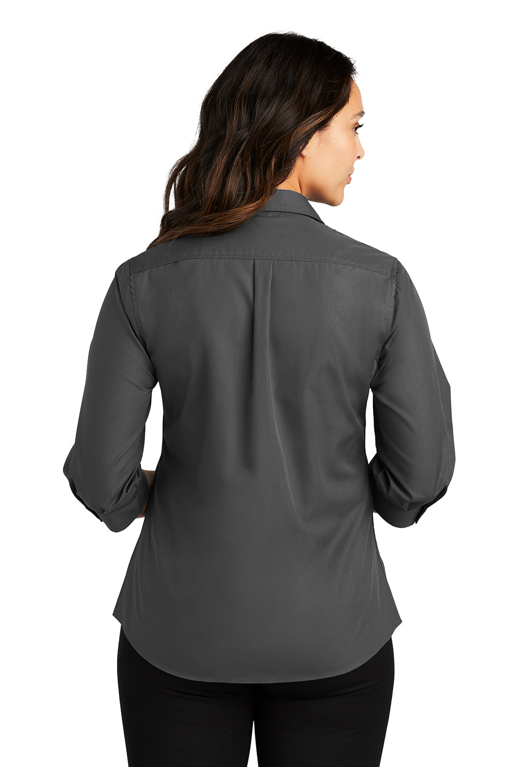 Port Authority LW102 Womens Carefree Stain Resistant 3/4 Sleeve Button Down Shirt Graphite Grey Model Back