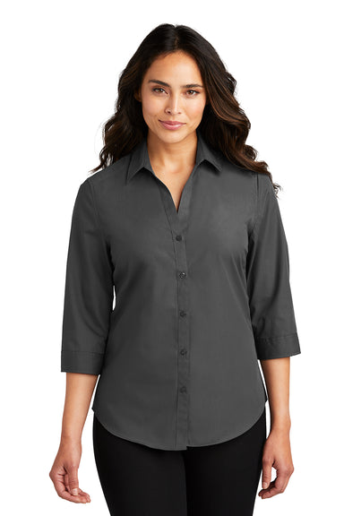 Port Authority LW102 Womens Carefree Stain Resistant 3/4 Sleeve Button Down Shirt Graphite Grey Model Front