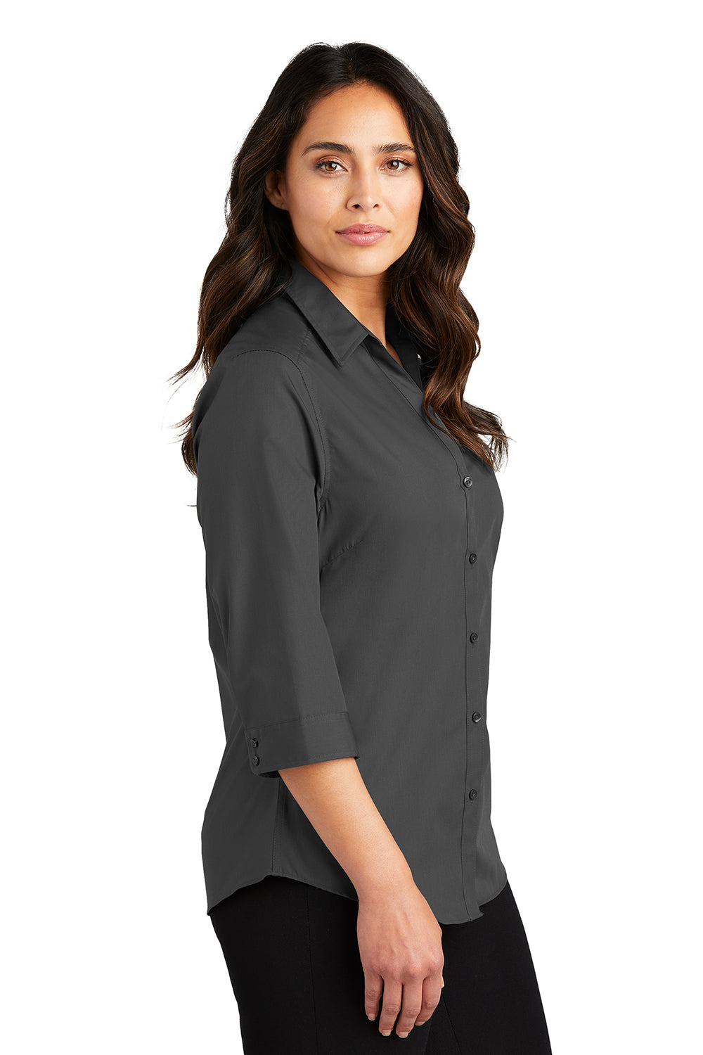 Port Authority LW102 Womens Carefree Stain Resistant 3/4 Sleeve Button Down Shirt Graphite Grey Model Side