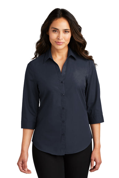 Port Authority LW102 Womens Carefree Stain Resistant 3/4 Sleeve Button Down Shirt River Navy Blue Model Front