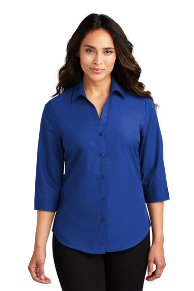 Port Authority LW102 Womens Carefree Stain Resistant 3/4 Sleeve Button Down Shirt True Royal Blue Model Front