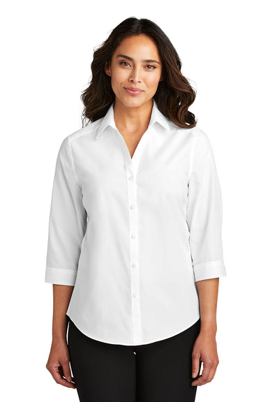 Port Authority LW102 Womens Carefree Stain Resistant 3/4 Sleeve Button Down Shirt White Model Front