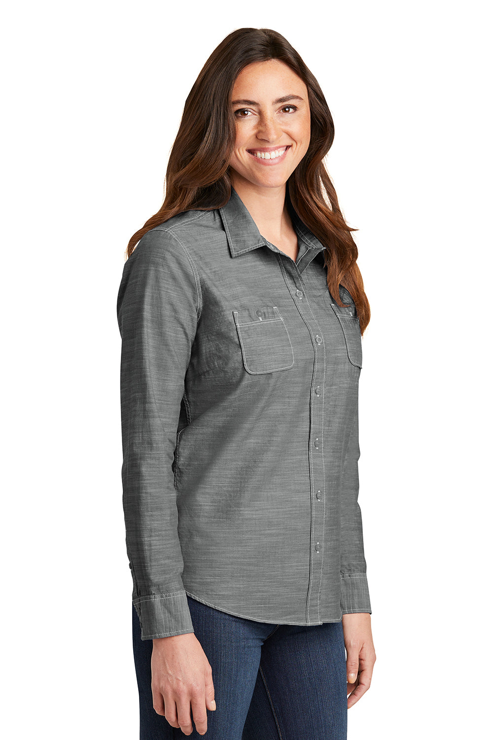 Port Authority LW380 Womens Slub Chambray Long Sleeve Button Down Shirt w/ Double Pockets Grey Model 3q