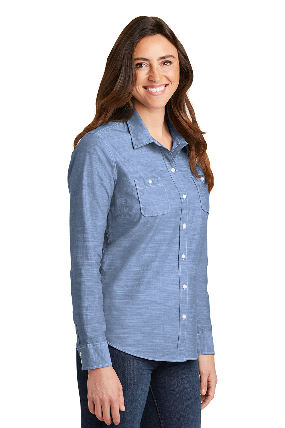 Port Authority LW380 Womens Slub Chambray Long Sleeve Button Down Shirt w/ Double Pockets Light Blue Model 3q