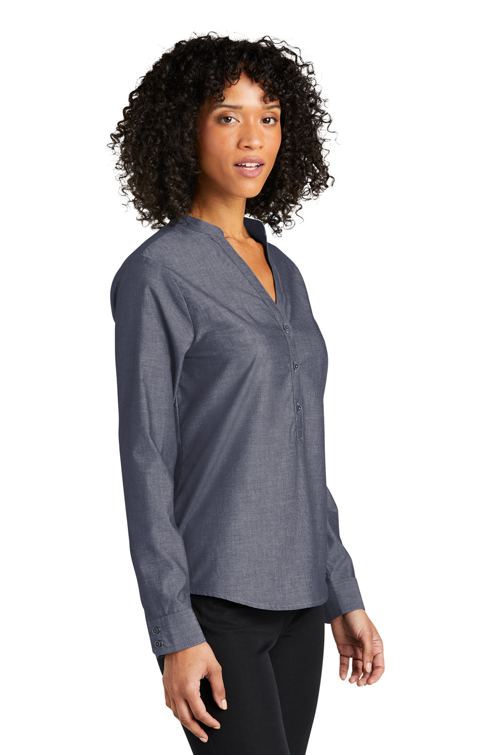 Port Authority LW382 Womens Chambray Easy Care Long Sleeve Button Down Shirt Estate Blue Model 3q