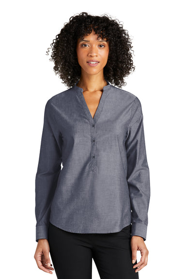 Port Authority LW382 Womens Chambray Easy Care Long Sleeve Button Down Shirt Estate Blue Model Front