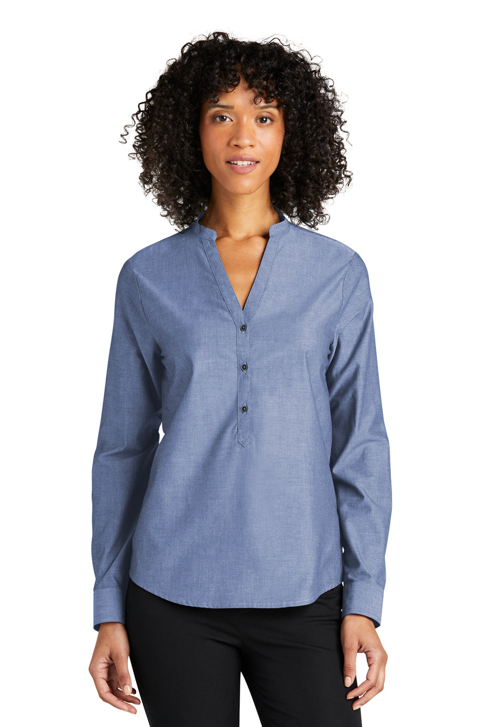 Port Authority LW382 Womens Chambray Easy Care Long Sleeve Button Down Shirt Moonlight Blue Model Front