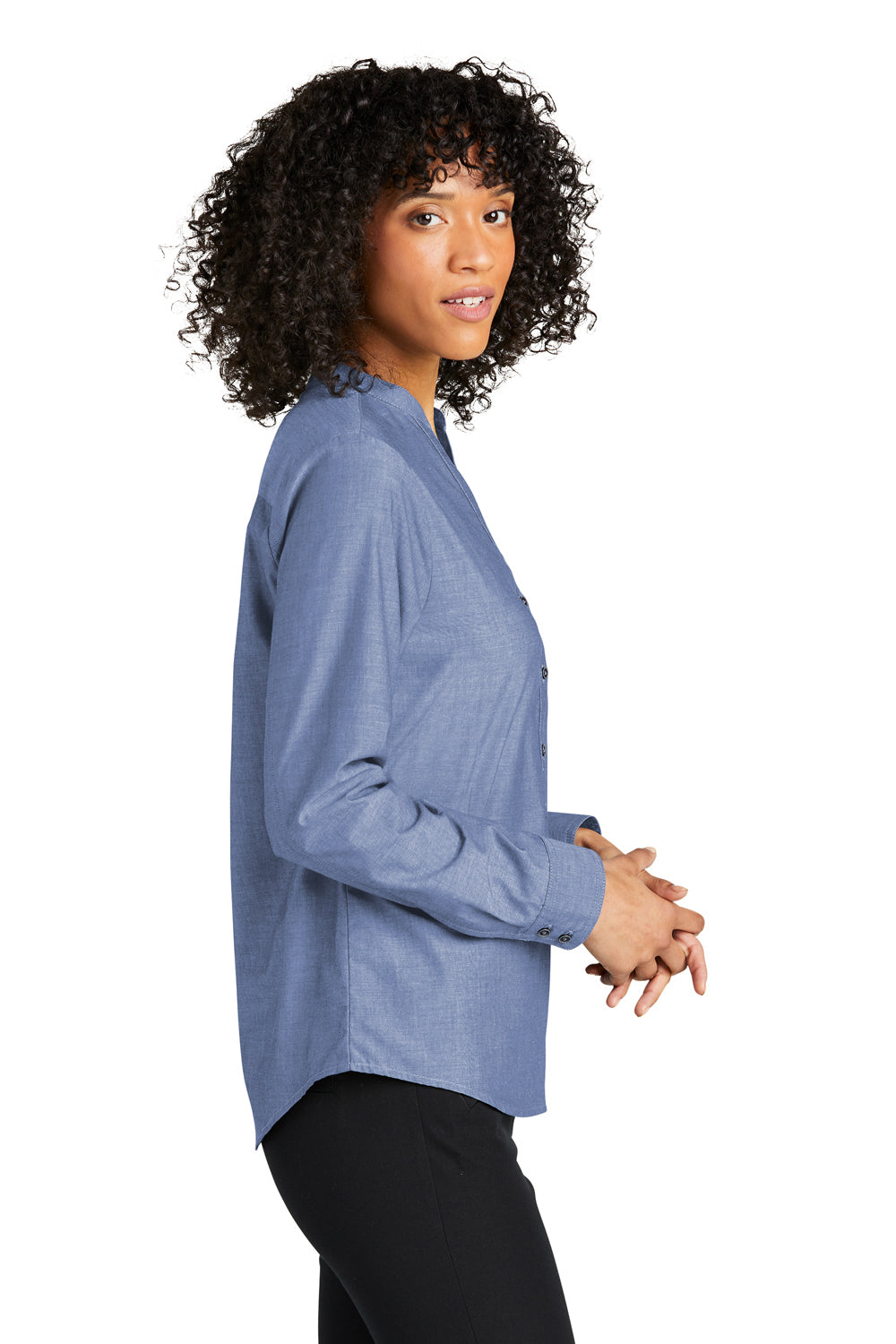 Port Authority LW382 Womens Chambray Easy Care Long Sleeve Button Down Shirt Moonlight Blue Model Side