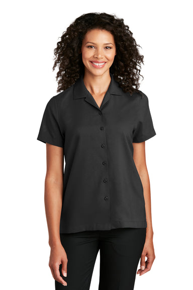 Port Authority LW400 Womens Performance Moisture Wicking Short Sleeve Button Down Camp Shirt Black Model Front