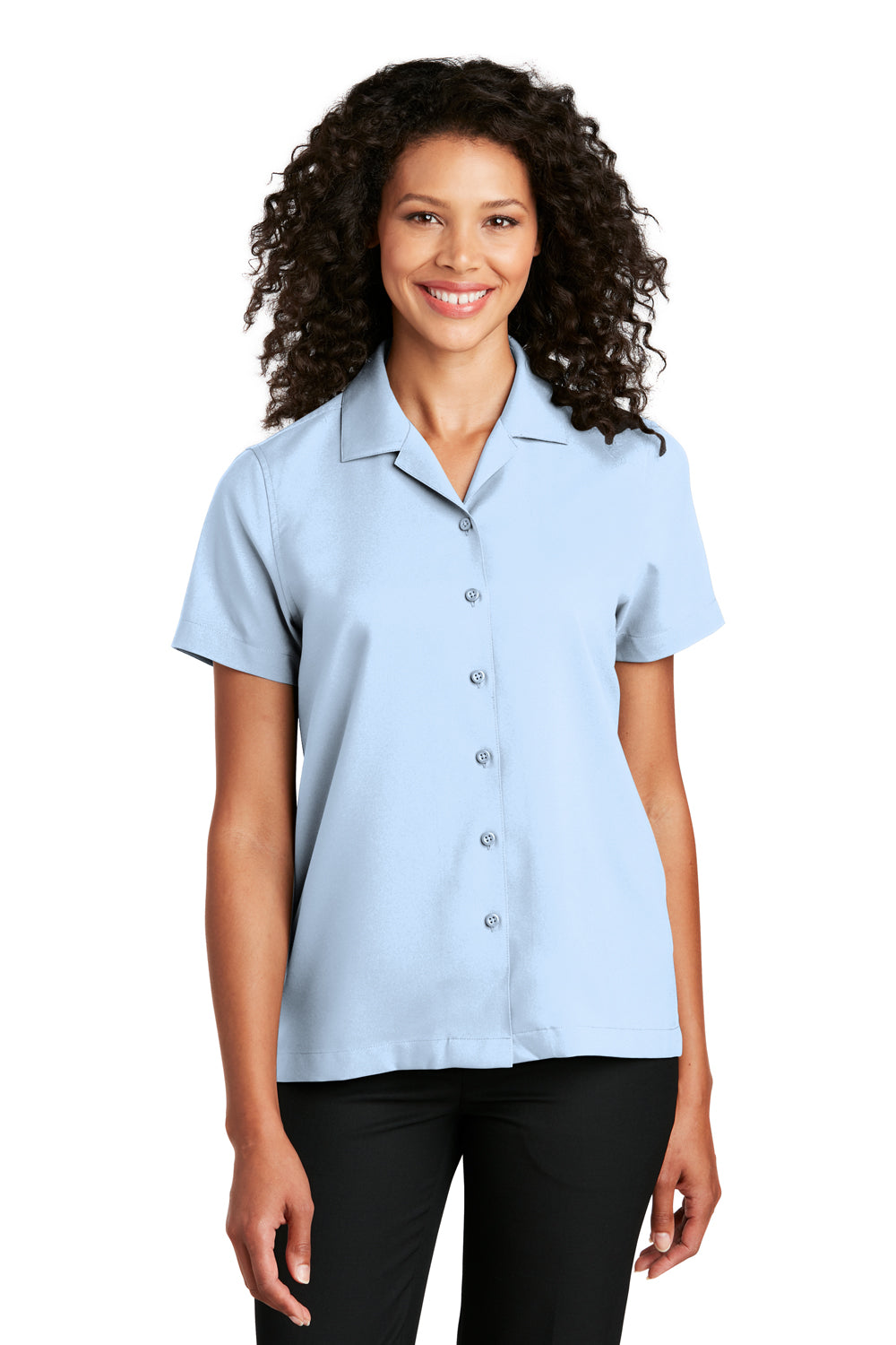 Port Authority LW400 Womens Performance Moisture Wicking Short Sleeve Button Down Camp Shirt Cloud Blue Model Front