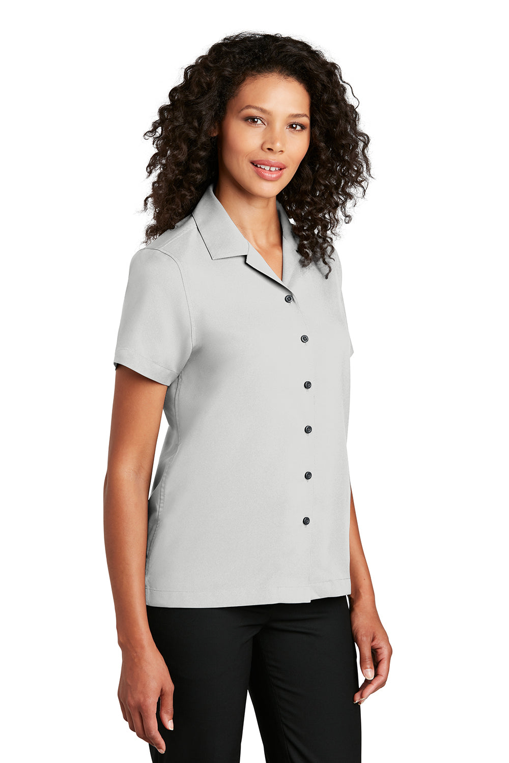 Port Authority LW400 Womens Performance Moisture Wicking Short Sleeve Button Down Camp Shirt Silver Grey Model 3q