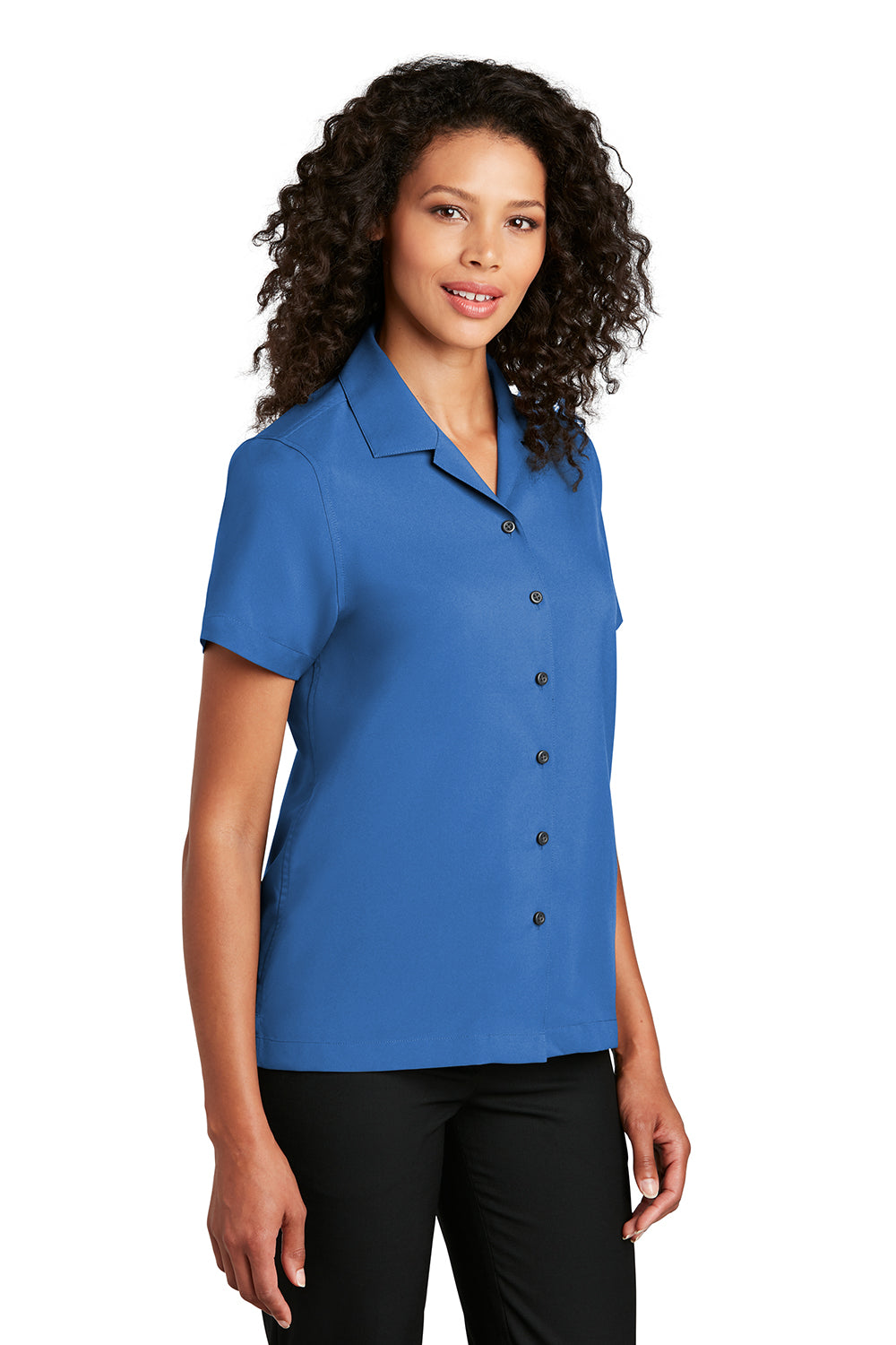 Port Authority LW400 Womens Performance Moisture Wicking Short Sleeve Button Down Camp Shirt True Blue Model 3q