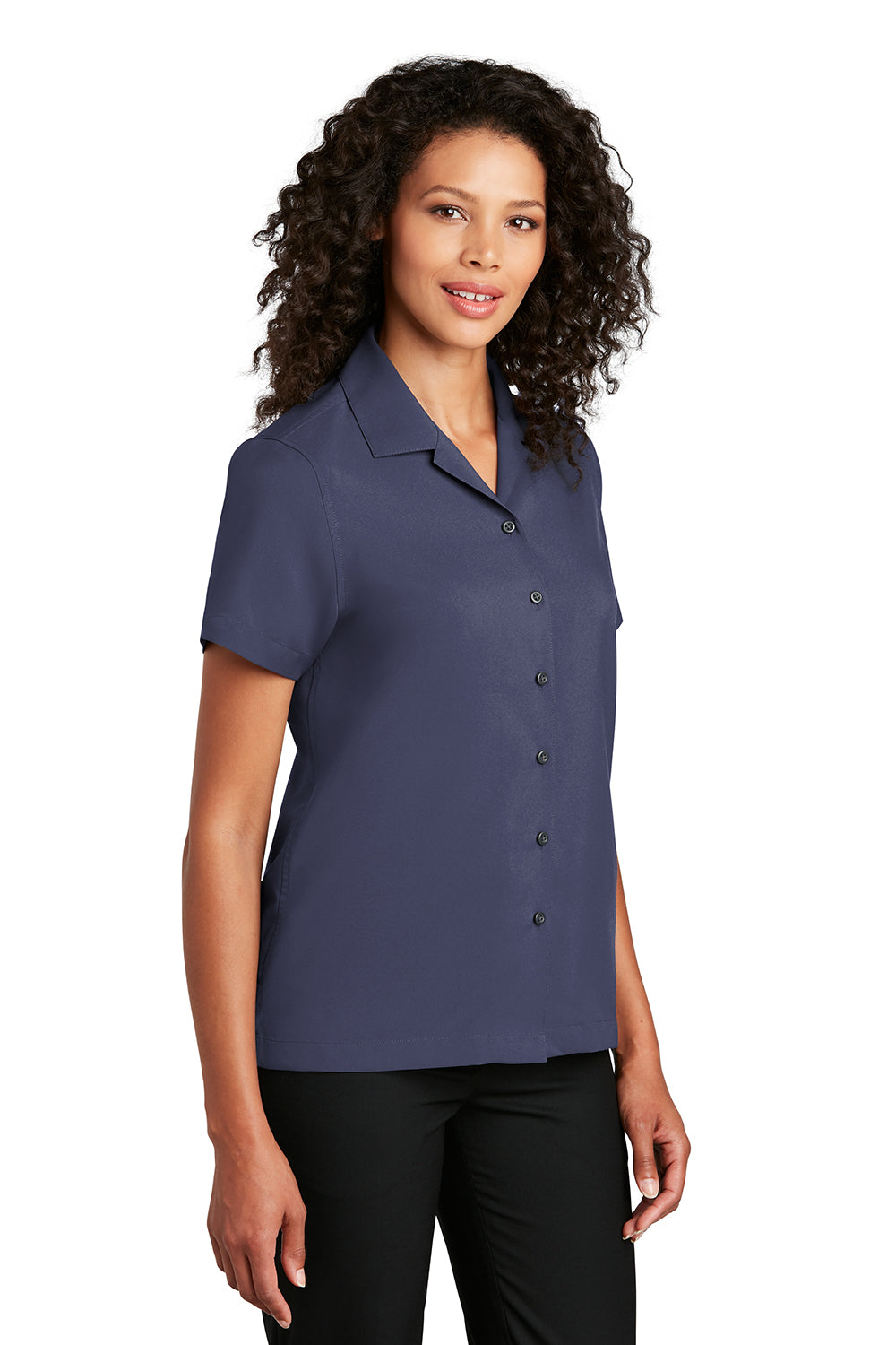 Port Authority LW400 Womens Performance Moisture Wicking Short Sleeve Button Down Camp Shirt True Navy Blue Model 3q