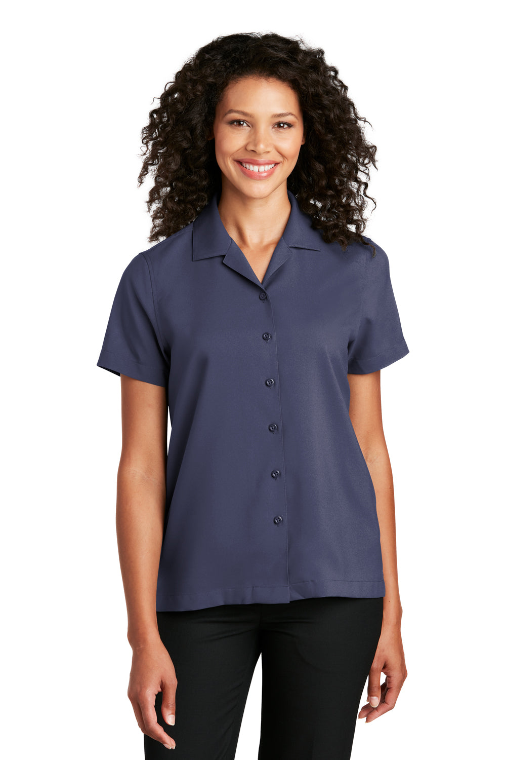 Port Authority LW400 Womens Performance Moisture Wicking Short Sleeve Button Down Camp Shirt True Navy Blue Model Front