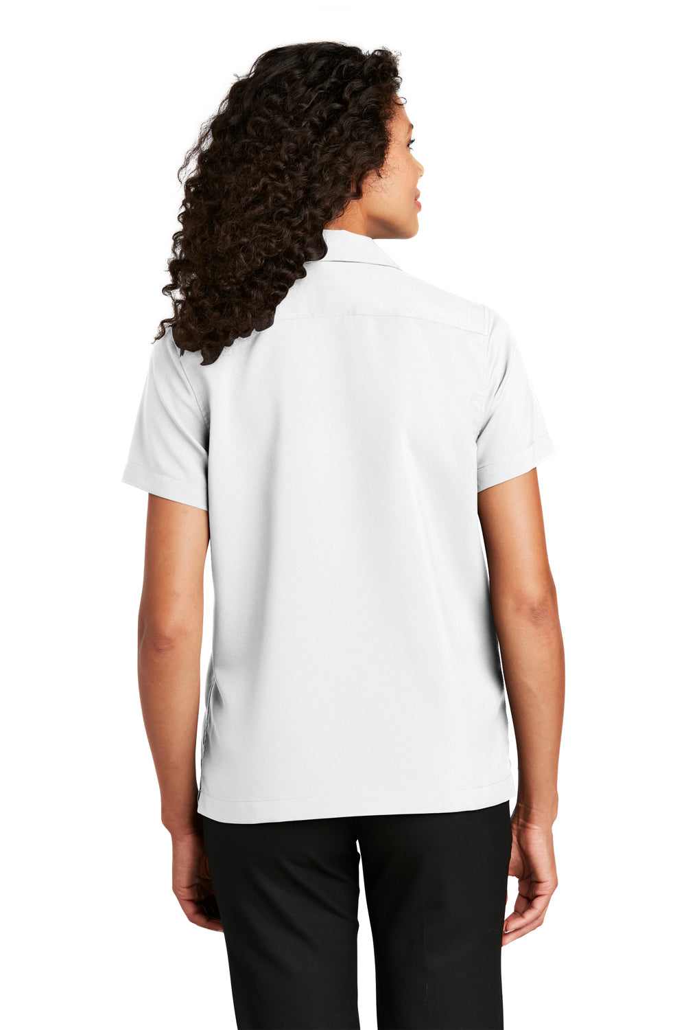 Port Authority LW400 Womens Performance Moisture Wicking Short Sleeve Button Down Camp Shirt White Model Back