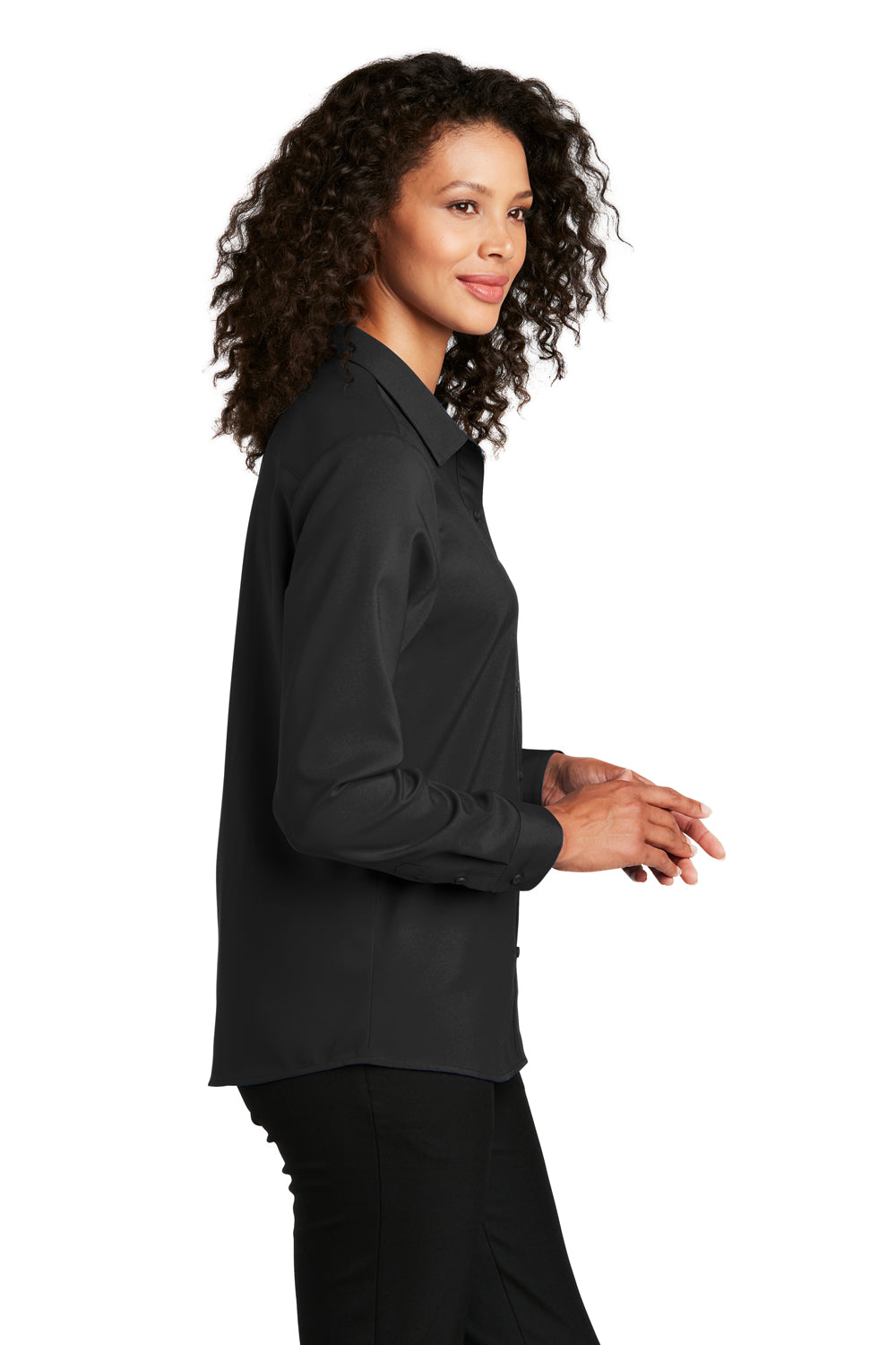 Port Authority LW401 Womens Performance Moisture Wicking Long Sleeve Button Down Shirt Black Model Side