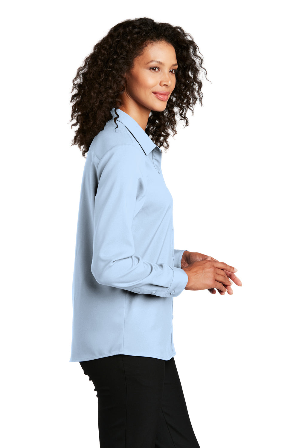 Port Authority LW401 Womens Performance Moisture Wicking Long Sleeve Button Down Shirt Cloud Blue Model Side