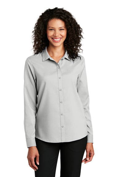 Port Authority LW401 Womens Performance Moisture Wicking Long Sleeve Button Down Shirt Silver Grey Model Front