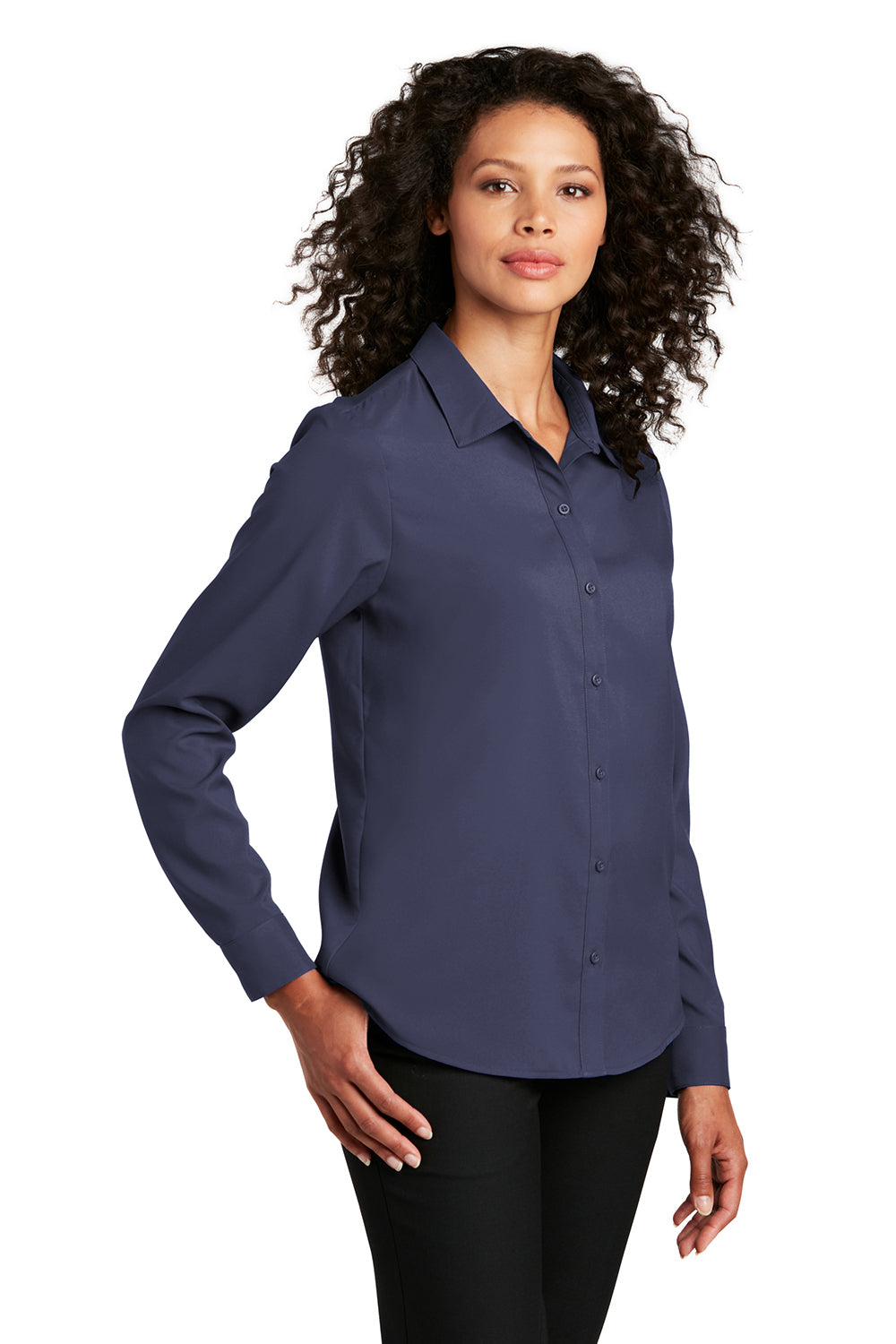 Port Authority LW401 Womens Performance Moisture Wicking Long Sleeve Button Down Shirt True Navy Blue Model 3q