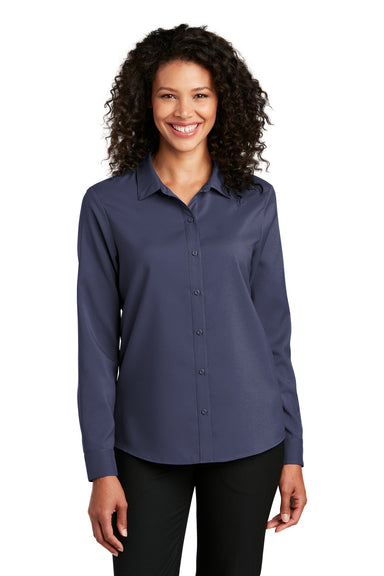 Port Authority LW401 Womens Performance Moisture Wicking Long Sleeve Button Down Shirt True Navy Blue Model Front