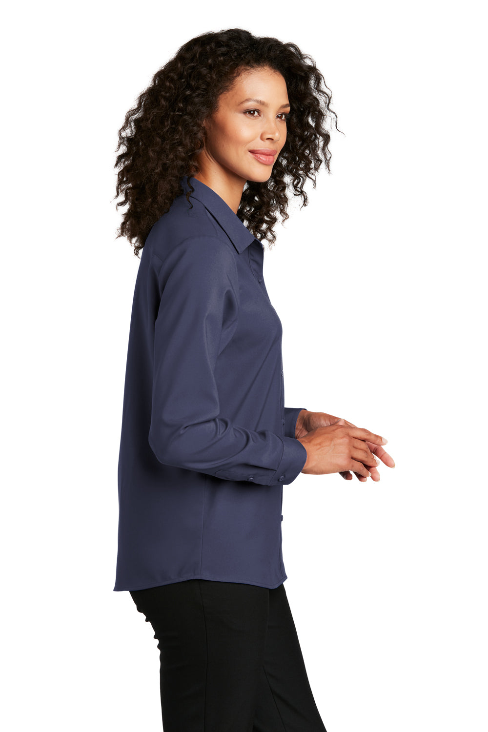 Port Authority LW401 Womens Performance Moisture Wicking Long Sleeve Button Down Shirt True Navy Blue Model Side