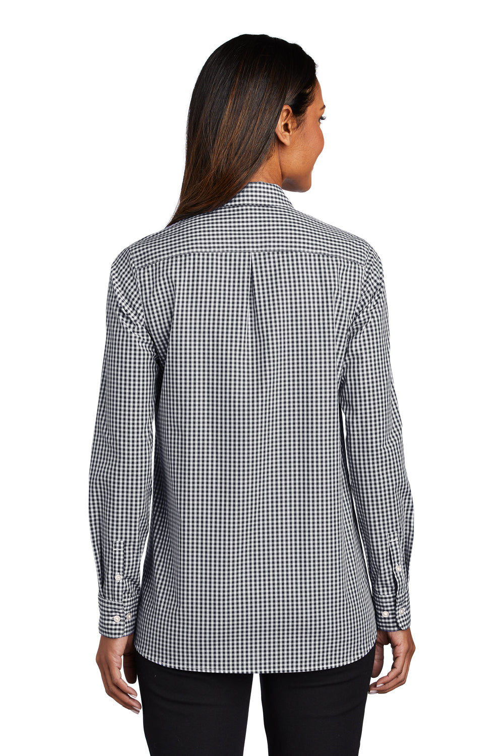 Port Authority LW644 Womens Broadcloth Gingham Wrinkle Resistant Long Sleeve Button Down Shirt Black/White Model Back