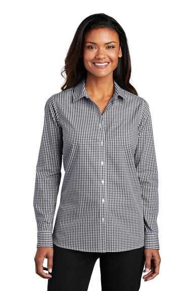 Port Authority LW644 Womens Broadcloth Gingham Wrinkle Resistant Long Sleeve Button Down Shirt Black/White Model Front