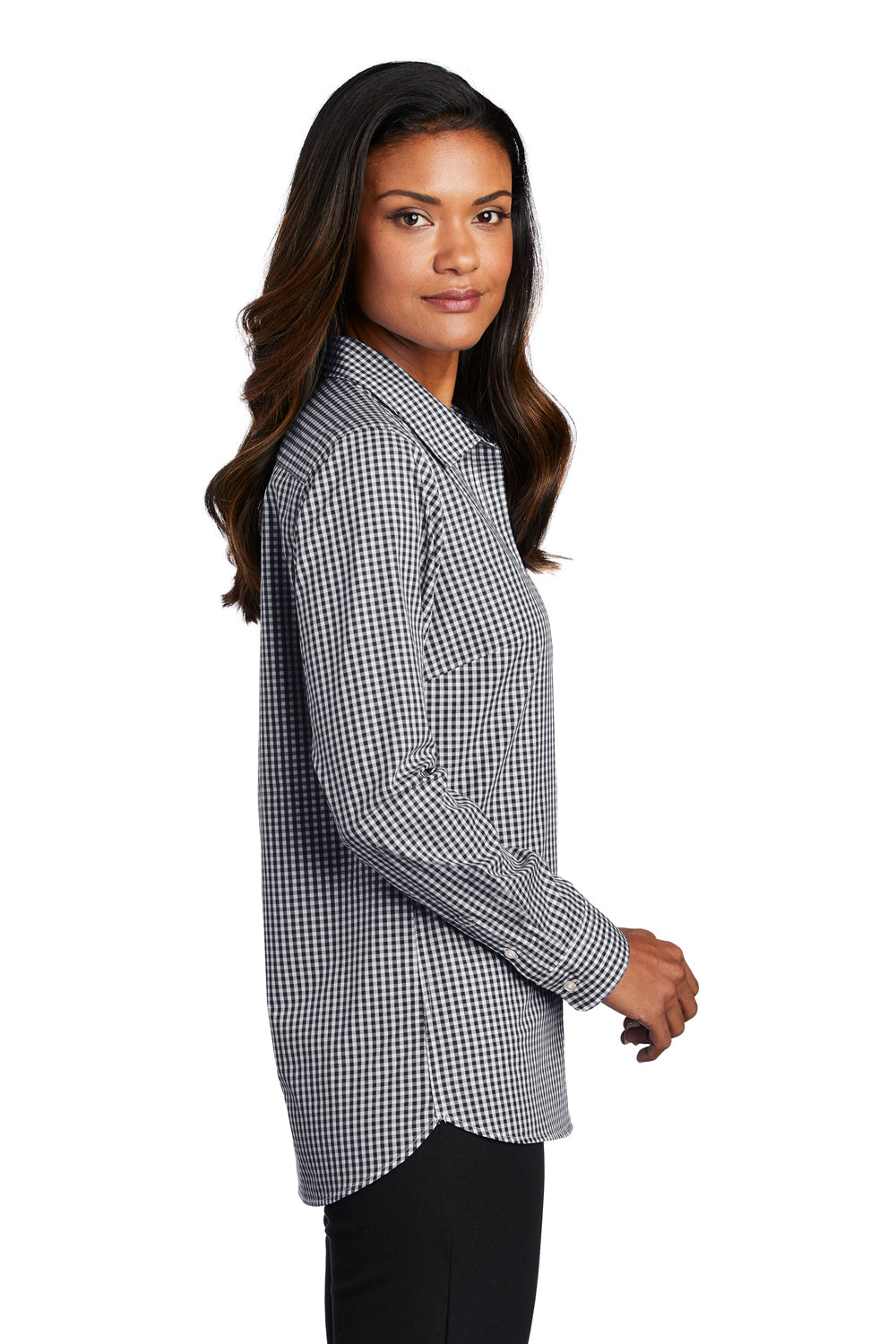 Port Authority LW644 Womens Broadcloth Gingham Wrinkle Resistant Long Sleeve Button Down Shirt Black/White Model Side