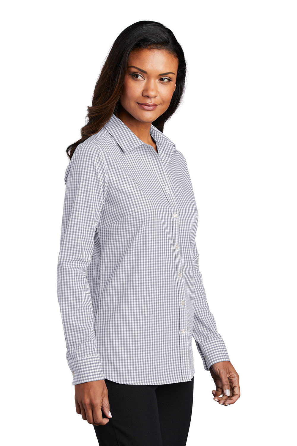 Port Authority LW644 Womens Broadcloth Gingham Wrinkle Resistant Long Sleeve Button Down Shirt Gusty Grey/White Model 3q