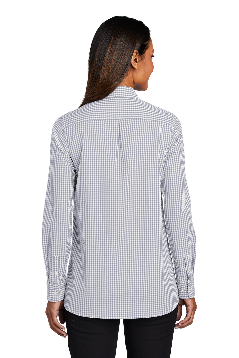 Port Authority LW644 Womens Broadcloth Gingham Wrinkle Resistant Long Sleeve Button Down Shirt Gusty Grey/White Model Back