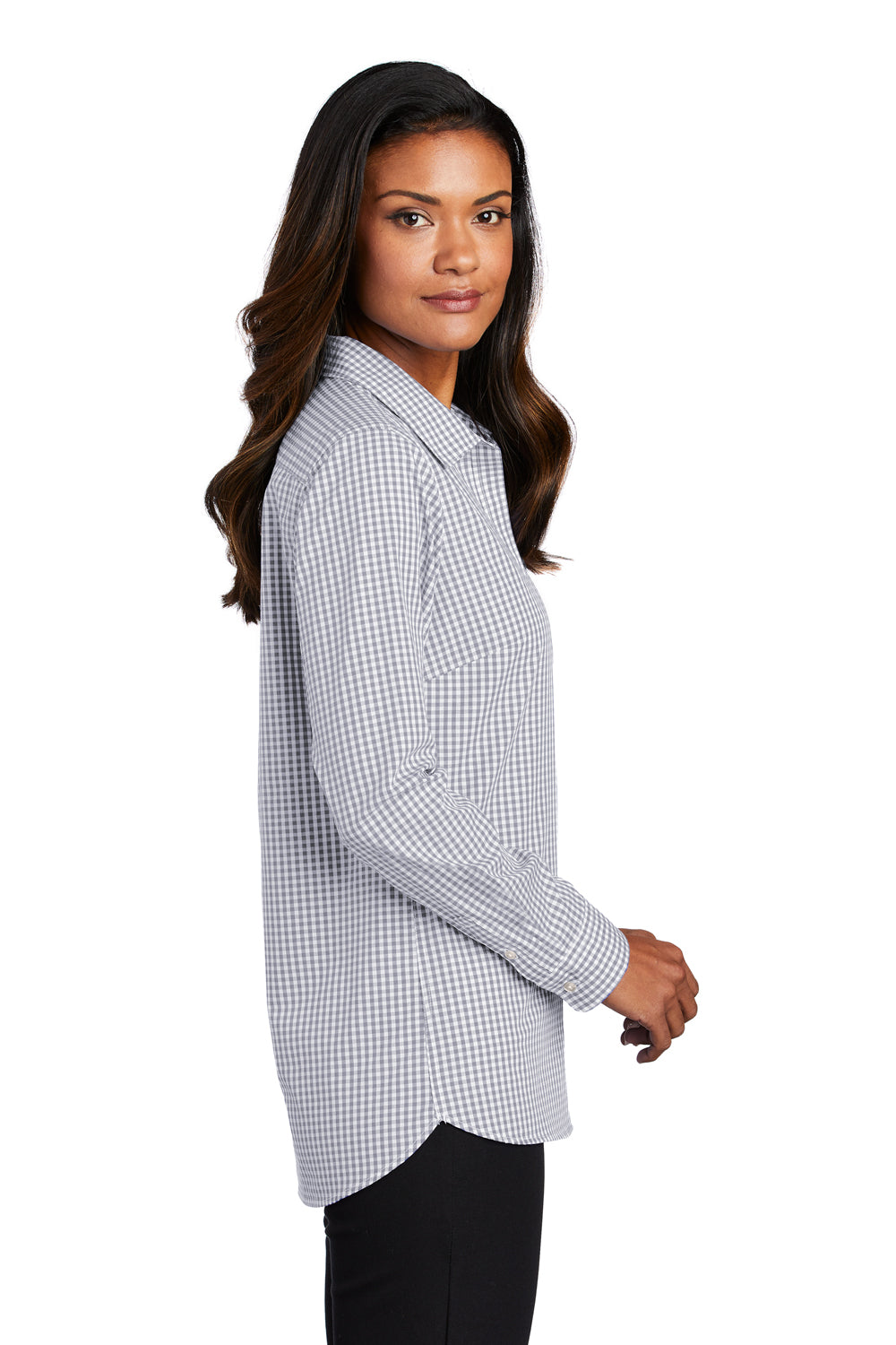 Port Authority LW644 Womens Broadcloth Gingham Wrinkle Resistant Long Sleeve Button Down Shirt Gusty Grey/White Model Side