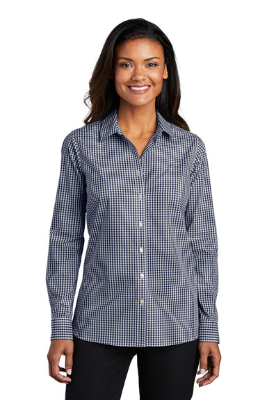 Port Authority LW644 Womens Broadcloth Gingham Wrinkle Resistant Long Sleeve Button Down Shirt True Navy Blue/White Model Front