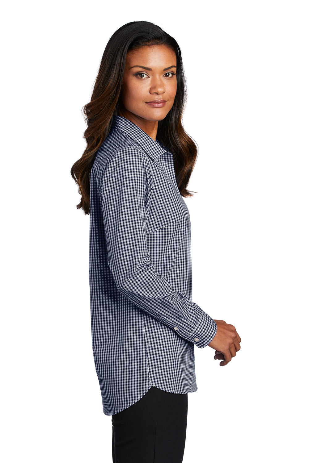 Port Authority LW644 Womens Broadcloth Gingham Wrinkle Resistant Long Sleeve Button Down Shirt True Navy Blue/White Model Side