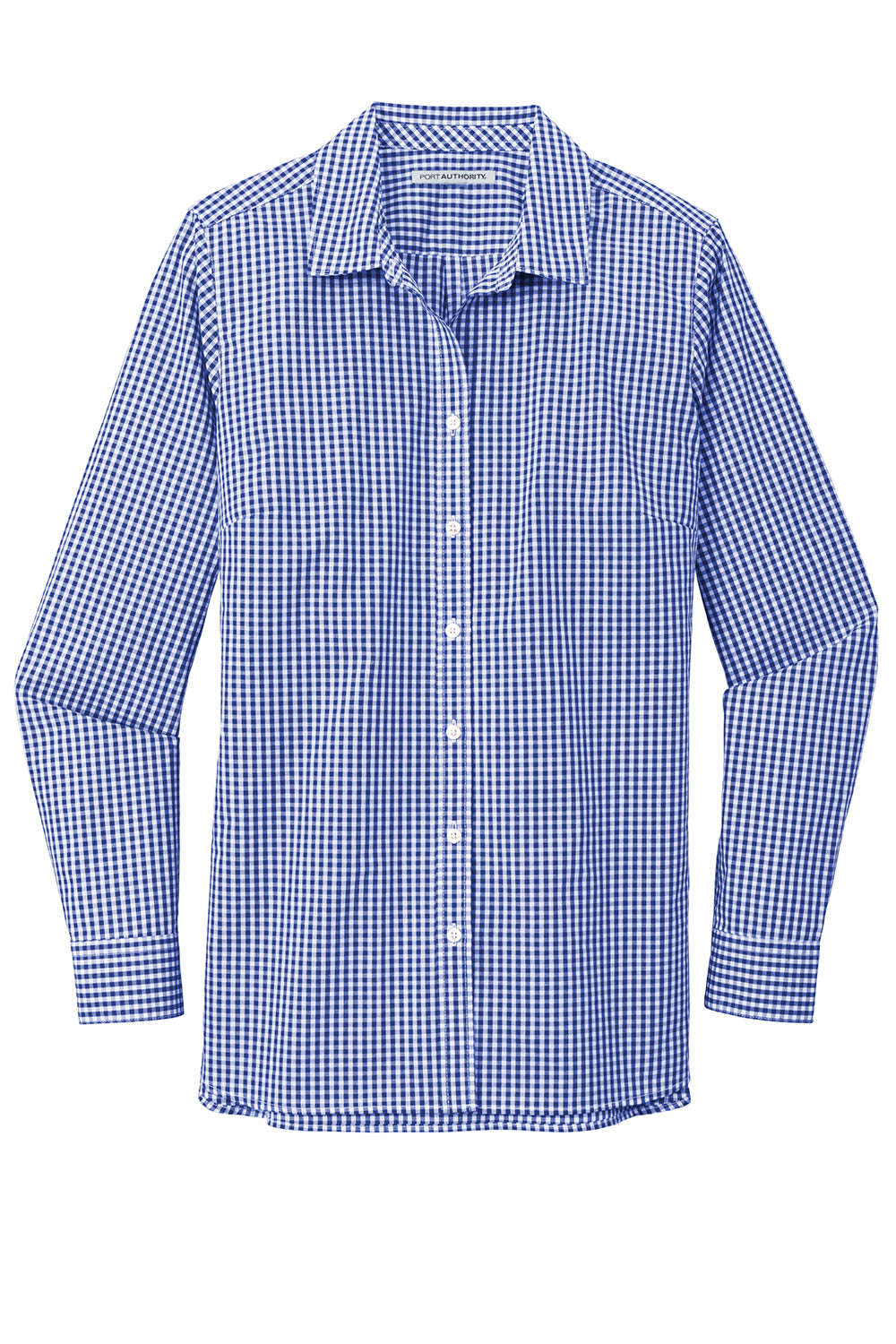 Port Authority LW644 Womens Broadcloth Gingham Wrinkle Resistant Long Sleeve Button Down Shirt True Royal Blue/White Flat Front