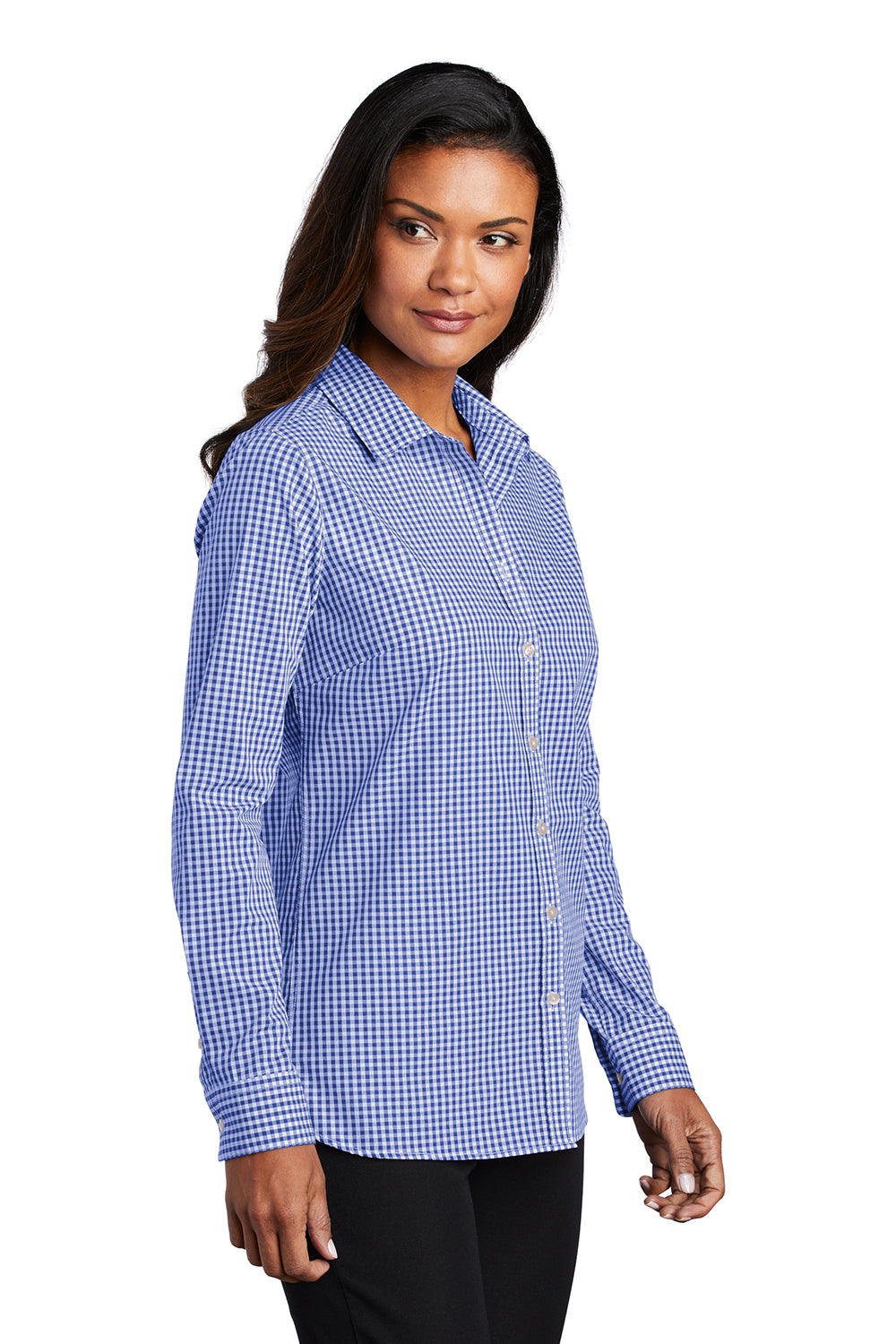 Port Authority LW644 Womens Broadcloth Gingham Wrinkle Resistant Long Sleeve Button Down Shirt True Royal Blue/White Model 3q