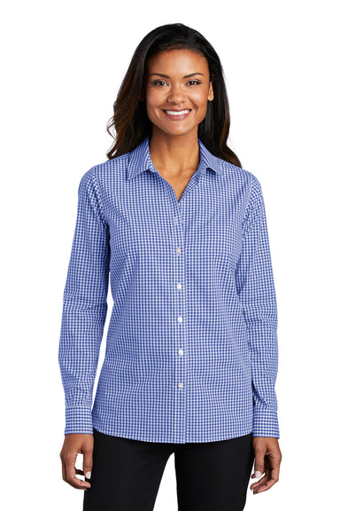 Port Authority LW644 Womens Broadcloth Gingham Wrinkle Resistant Long Sleeve Button Down Shirt True Royal Blue/White Model Front