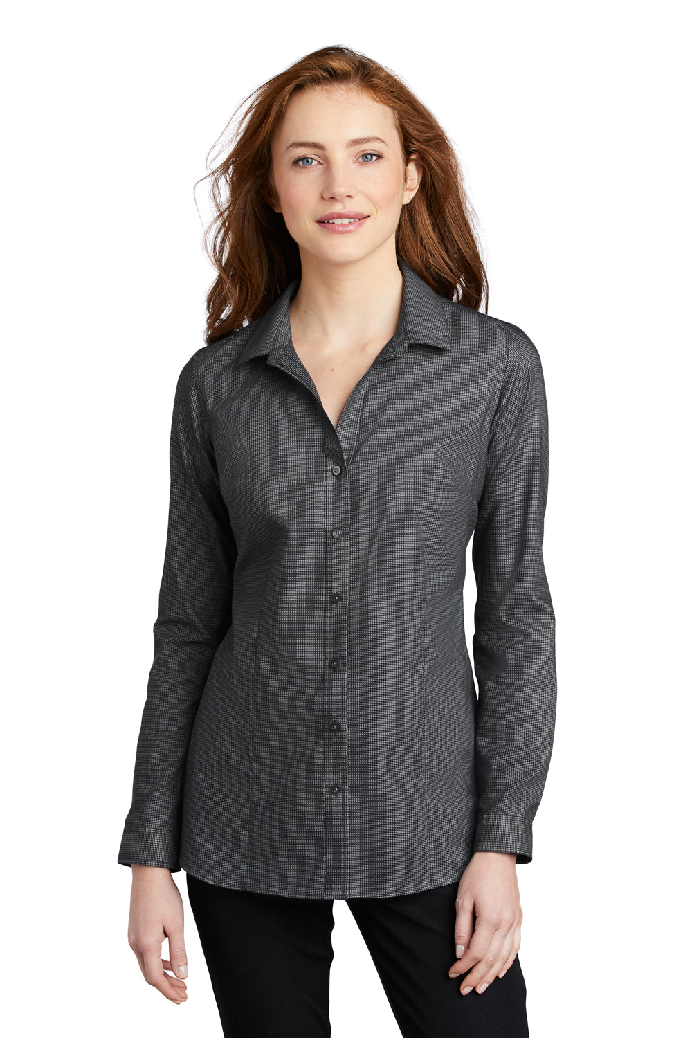 Port Authority LW645 Womens Pincheck Wrinkle Resistant Long Sleeve Button Down Shirt Black/Steel Grey Model Front