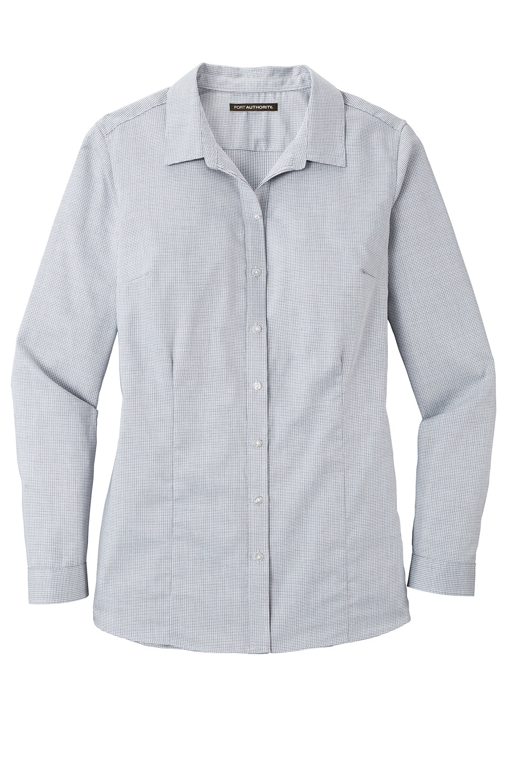 Port Authority LW645 Womens Pincheck Wrinkle Resistant Long Sleeve Button Down Shirt Gusty Grey/White Flat Front